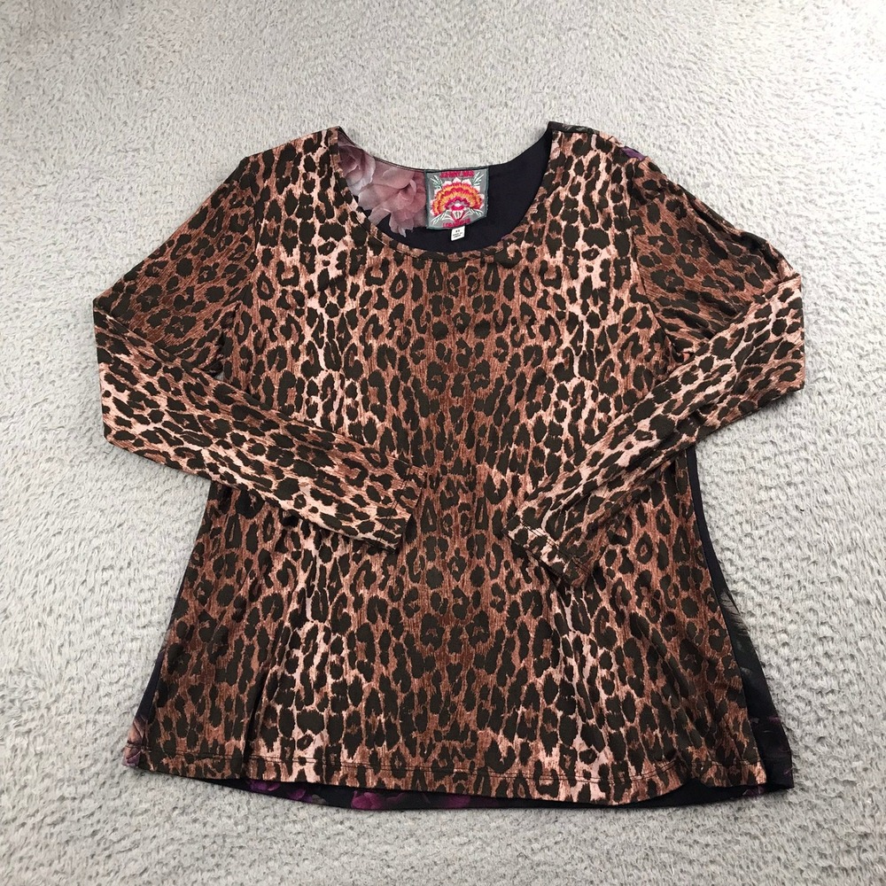 Johnny Was Regal Rose Bamboo Favorite Long Sleeve Swing Tee Womens XS Leopard